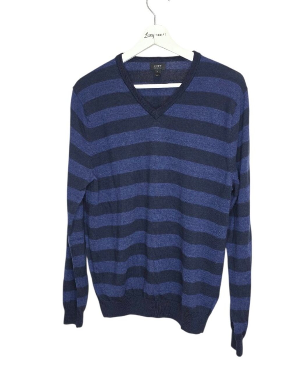 J. Crew Men's 100% Merino Wool Striped V-Neck Long Sleeve Size Medium, Blue